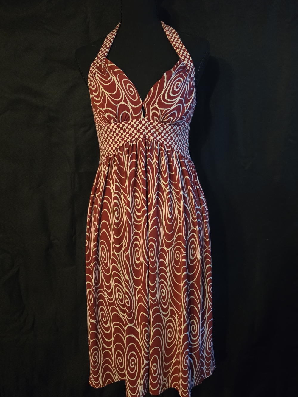 London Times Red Swirl Halter Neck Midi Dress - Size 8